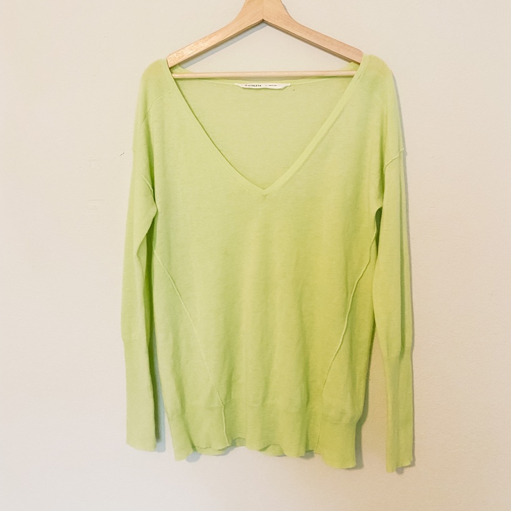 Athleta Women 100% Cashmere Pullover Sweater Small Green Deep V Neck